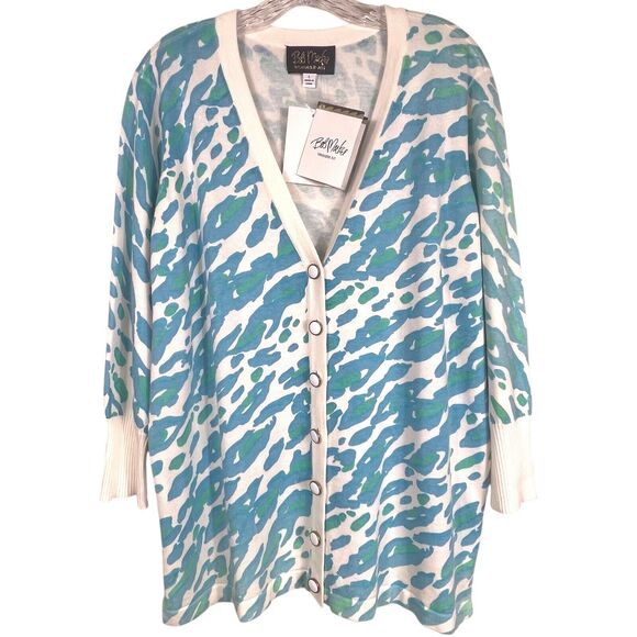 NWT Bob Mackie Wearable Art Cardigan Sweater Size Large Blue Green Animal Print - Picture 1 of 16